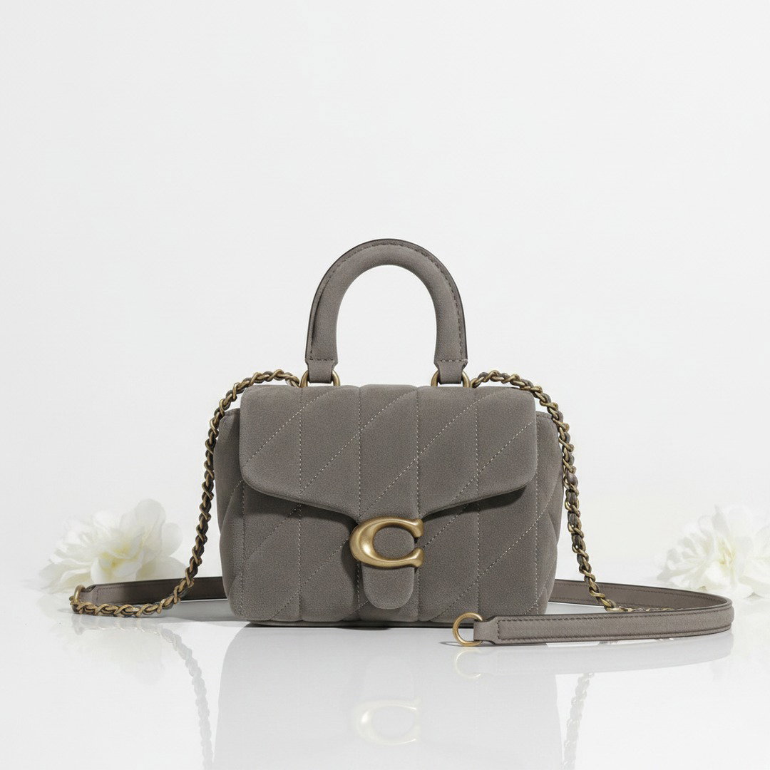grey suede top handle crossbody bag quilted chain