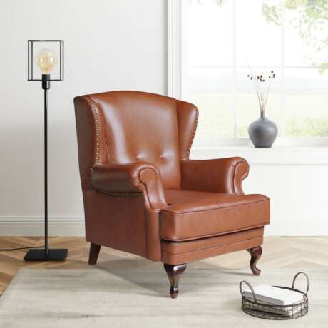 Miami Wingchair – Dark Brown Leather with Brass Beading