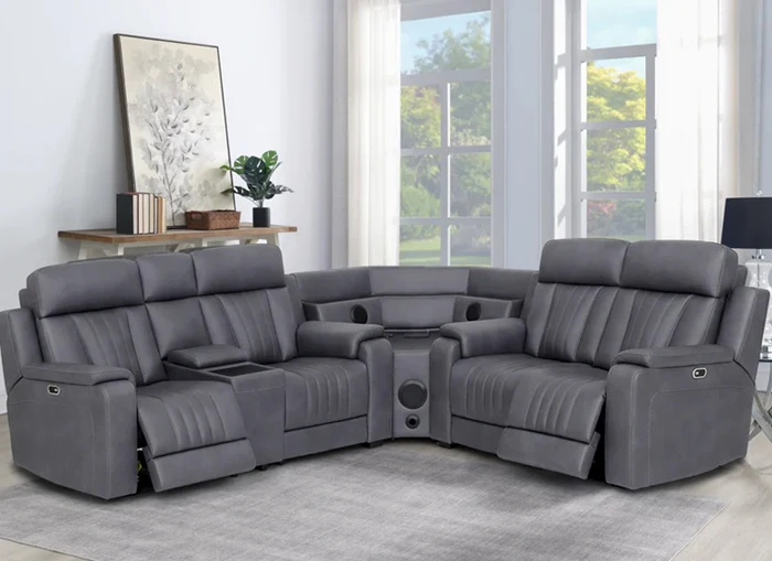 Angelo Grey Powered Reclining Sectional Sofa with Inbuilt Speakers | Luxury Tech-Enhanced Comfort - Image 4