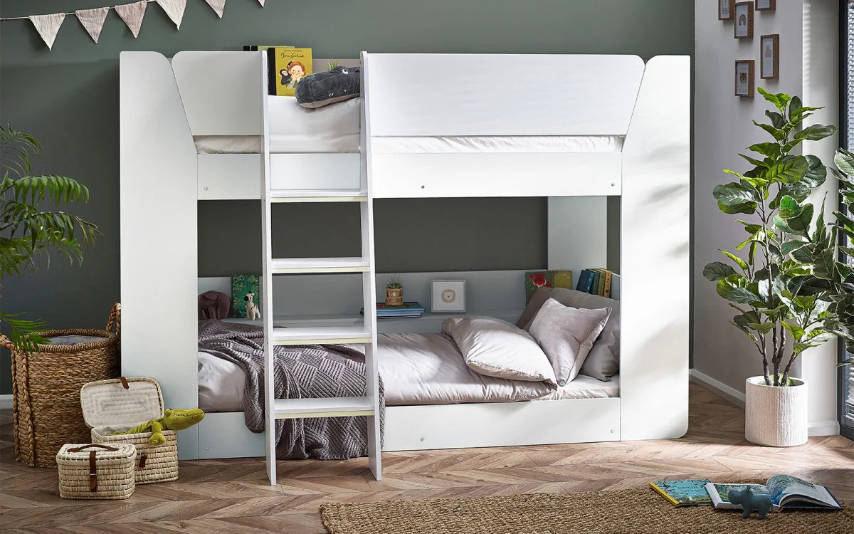 Parsec Bunk Bed - All White with Built-In Shelving and Ladder