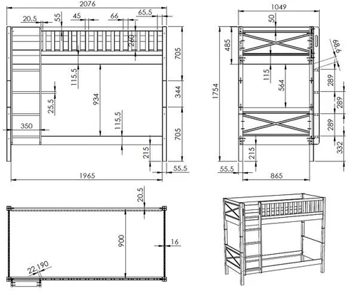 SCOTT Bunk Bed 90 x 200 cm in White – Solid Pine, Space-Saving Design - Image 3