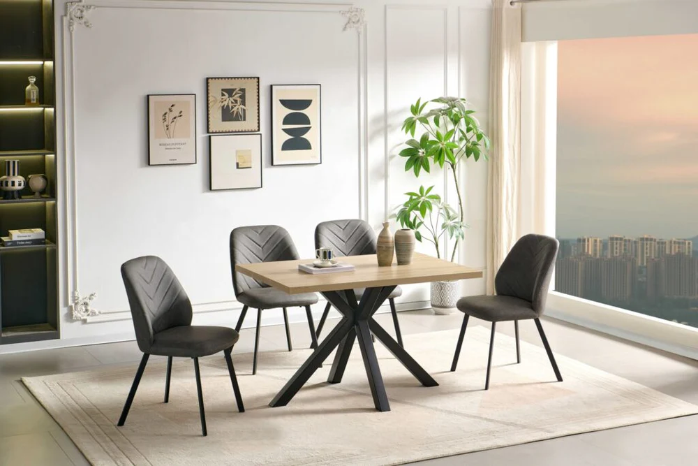 Christine Dining Set – Oak-Effect Table with Black Cross-Leg Base